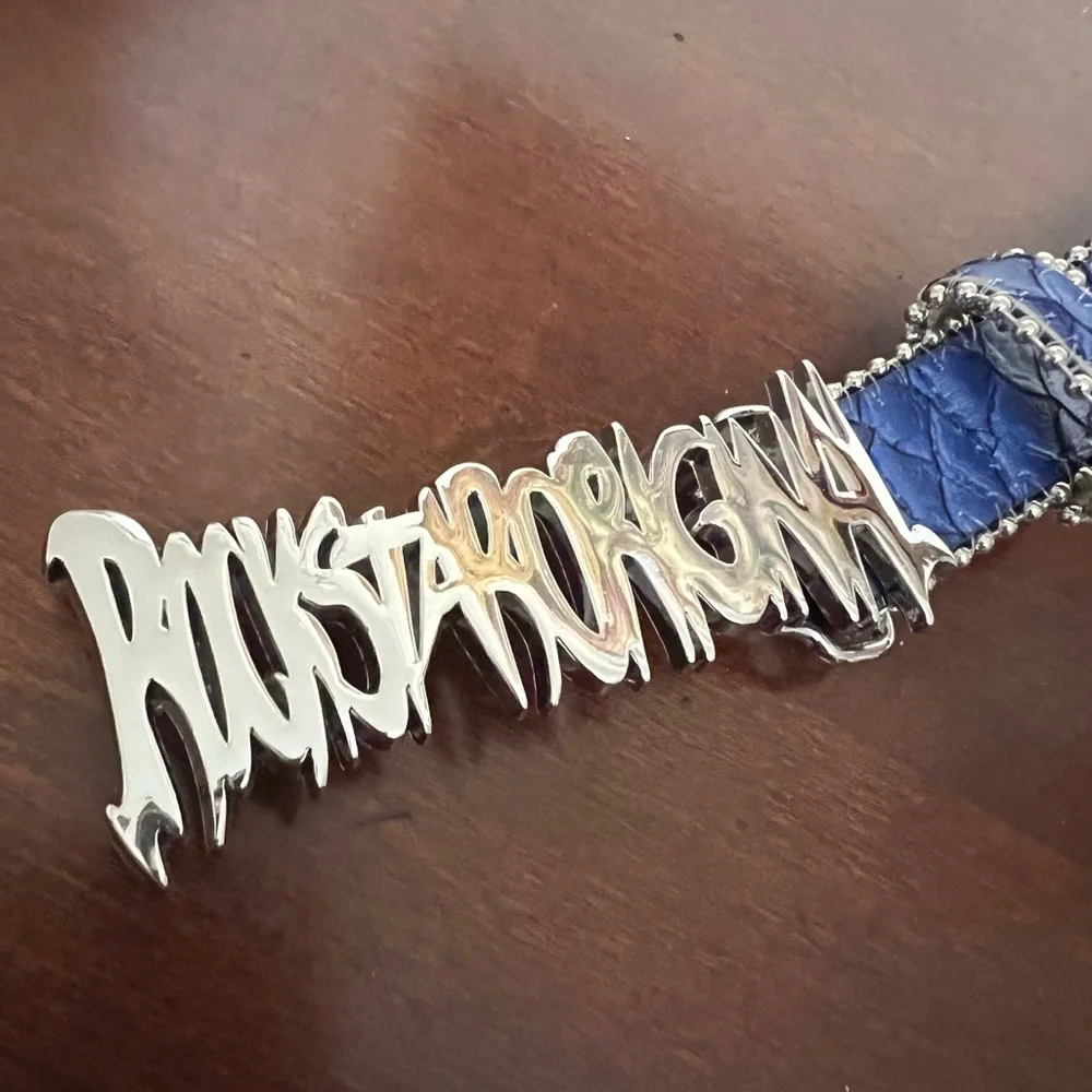 Rockstar original Tedros Rhinestone Blue Rockstar Logo faux leather Belt EUC